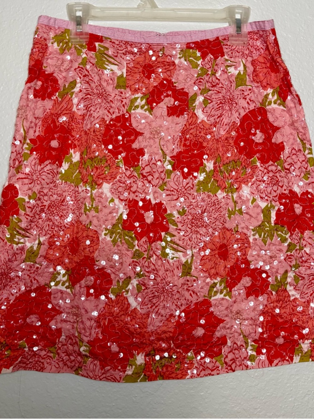 snak Cotton Floral Sequin Knee Length A-Line Skirt Pink Red Green Size 10